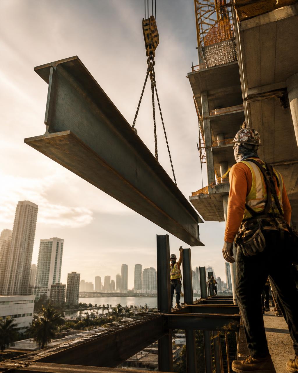 Steel I-beam being crane-lifted into place on a Miami high-rise construction site